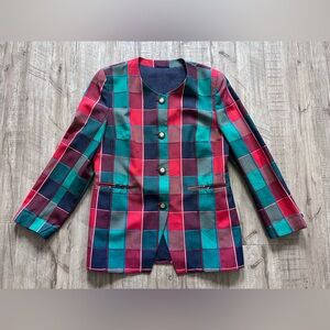 Vintage 90s Spring Blazer in Green and Red Checkered Pattern button down jacket